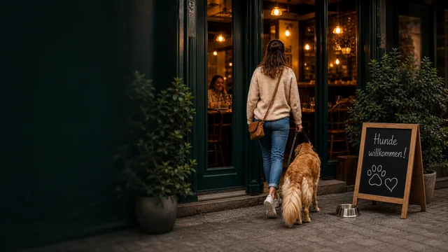 Frau mit Golden Retriever vor einem hundefreundlichen Restaurant