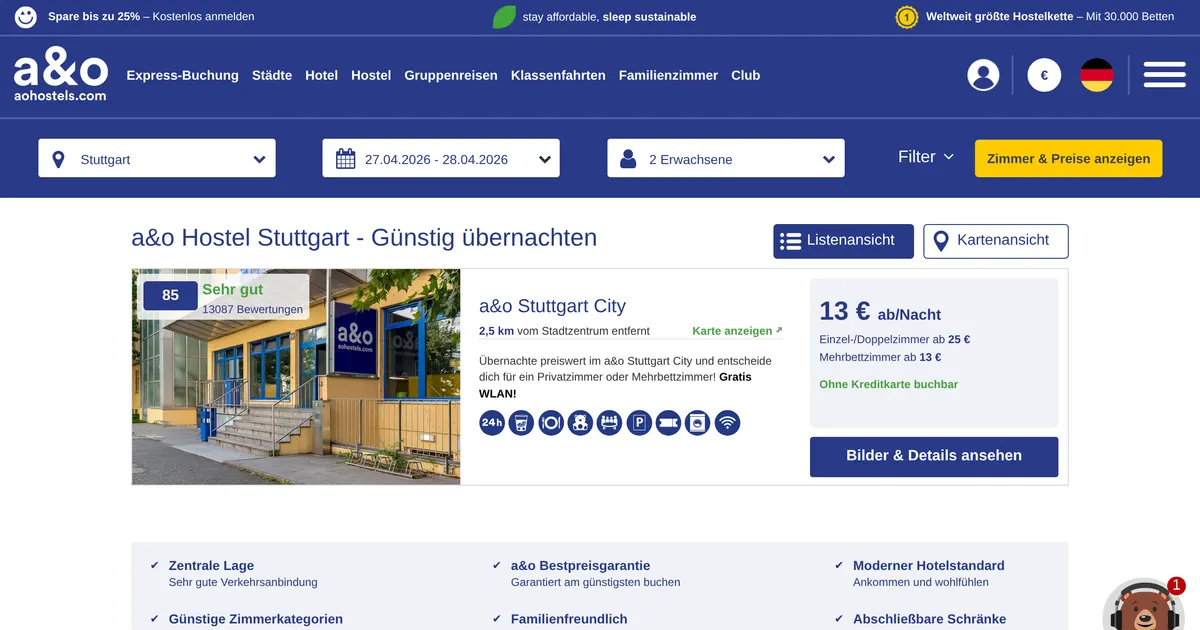 A&O Hostel Stuttgart City — hundefreundliches Hotel in Stuttgart